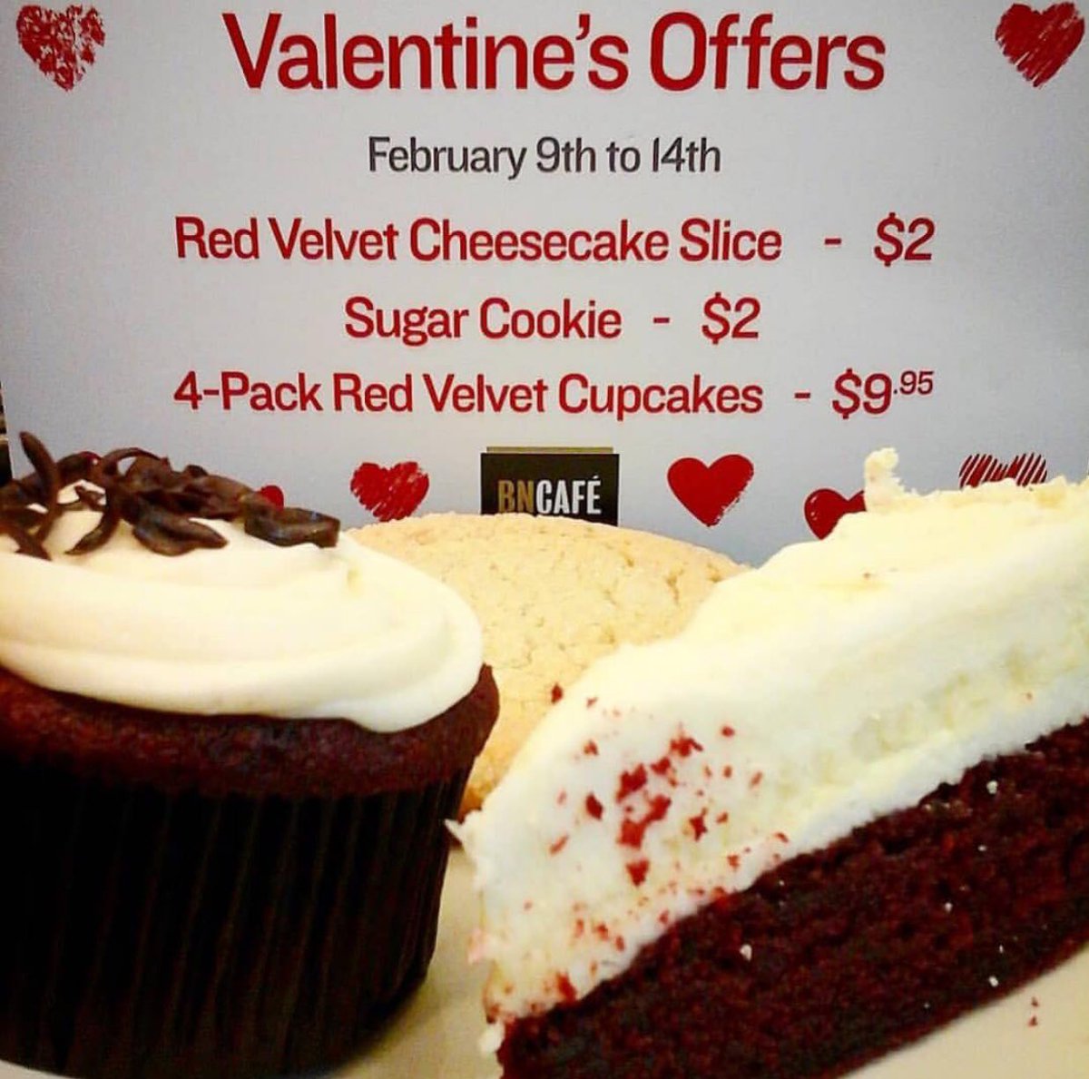 Valentine's Day is right around the corner and we have some sweet deals for you! Our creamy Red Velvet cheesecake slices are only 2 dollars as well as our sugar cookies! If you need more than one treat we also have our 4 pack of red velvet cupcakes on sale as well!