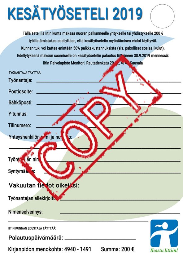 Iitin kunnan kesätyöseteli 2019 hakuaika alkoi tänään. Kesätyösetelillä tuetaan 15-16- vuotiaiden iittiläisten nuorten työllistymistä. Täytä hakemus osoitteessa  iitti.fi/iitin-kunnan-k… #iitinkunta #kesätyö #iitti #kesätyöseteli