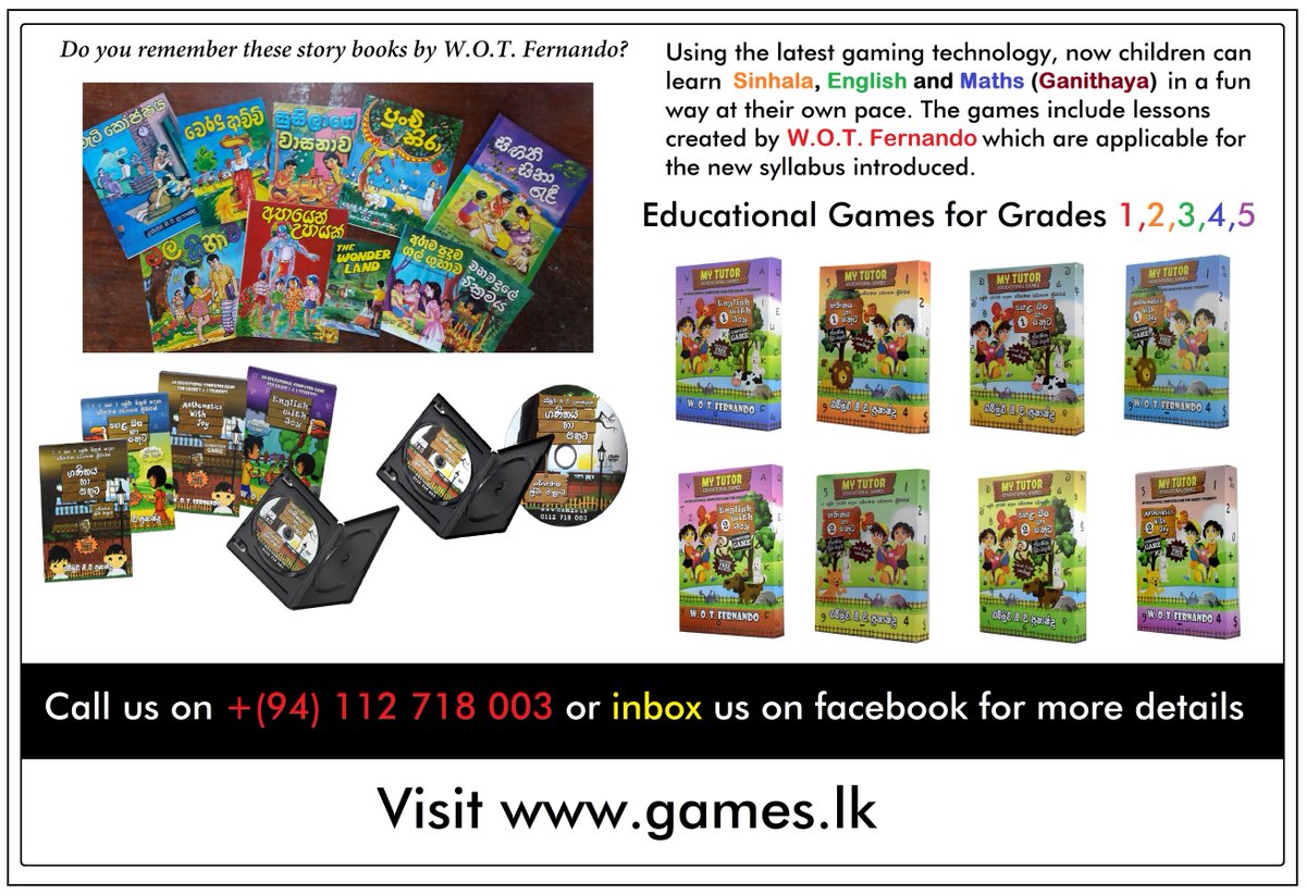 Our Learning Games for Grades 1,2,3,4,5. Content by <a href="/wotfernando/">W.O.T.Fernando</a>, created by <a href="/GTSlk/">GTS Game Studios Sri Lanka</a> 

A way for our new generation to learn our #Mawbasa, English and Ganithaya.

Contact <a href="/gbslk/">Gihan Book Shop #lka</a> to buy if interested please.
#lka #SriLanka #Sinhala