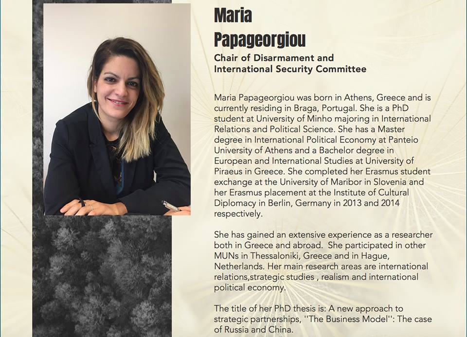 enuimun's tweet photo. We are pleased to introduce the first member of chairing team for ENUIMUN 2019:
Madam Maria Papageorgiou - President of Disarmament and International Security Committee.

Apply to become a delegate here: https://t.co/1D7kLNvIuY https://t.co/X4HOzjnUP1