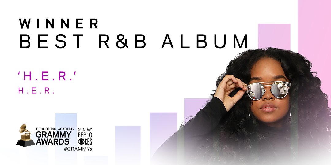 RecordingAcad's tweet photo. Congrats Best R&amp;B Album winner - @HERMusicx: 'H.E.R.' #GRAMMYs https://t.co/f3PXBNdHzW