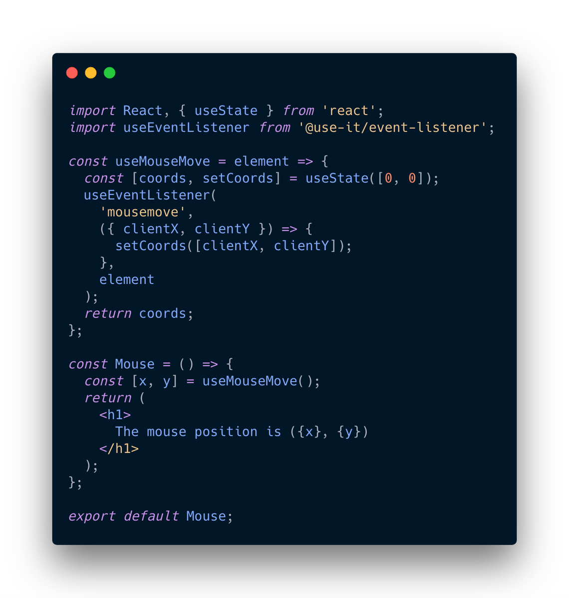 donavon's tweet photo. Hey @mjackson
I was looking for a sample app for a `useEventListener` custom hook I wrote and remembered your <Mouse/> #RenderProp component example.
Check out the same functionality, but w/#Hooks.
How much do you โฅ Hooks!?!? https://t.co/WEUNWvOEN5