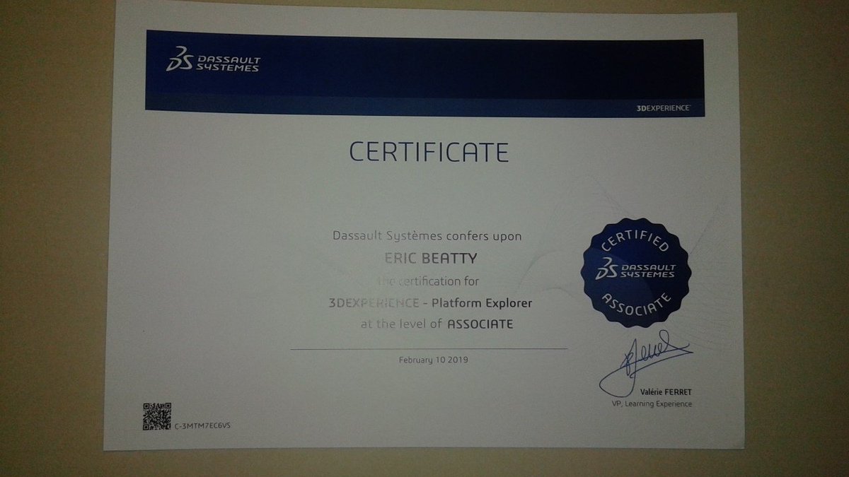 Eric_A_Beatty's tweet image. I added another #Certification to my roster today @ #SWW19. My first @Dassault3DS certificate - the  #PlatformExplorer on the  #3DEXPERIENCE,  the home of #SOLIDWORKS #xDesign.