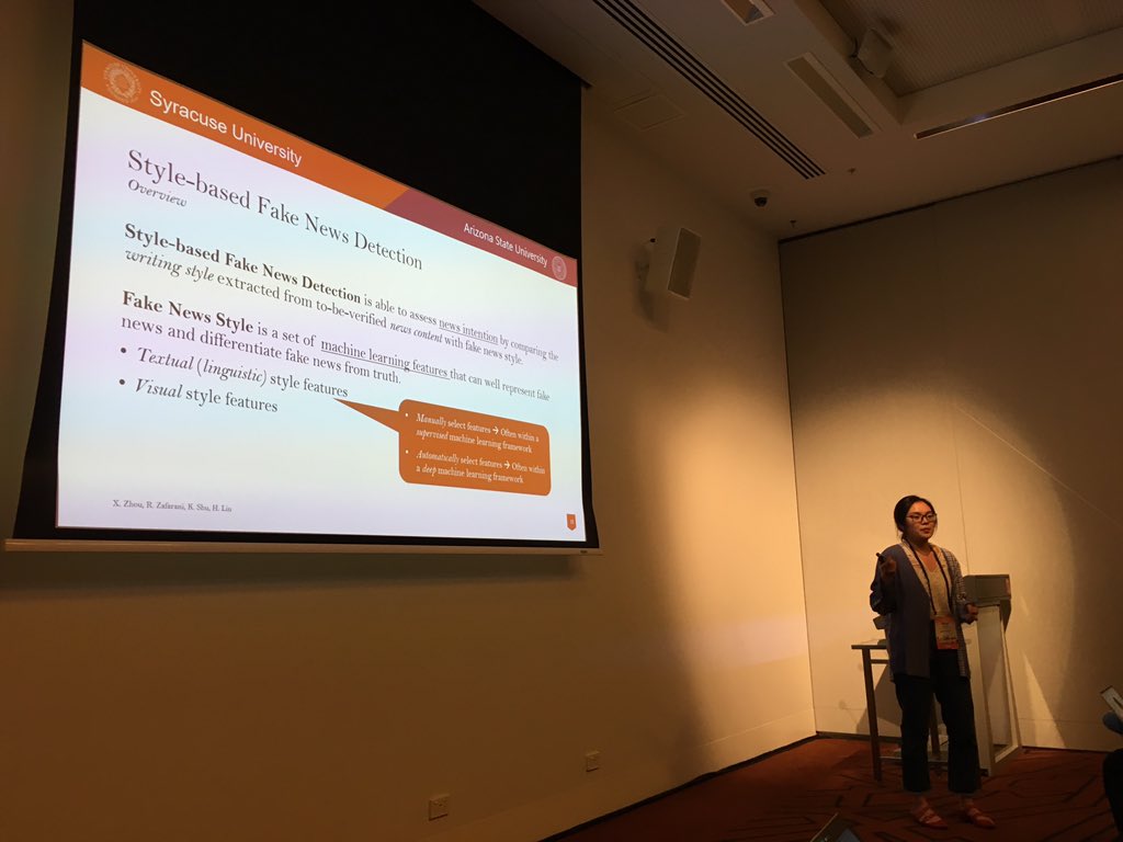 rzafarani's tweet photo. Xinyi is doing a great job presenting our tutorial on fake news with @liuhuan on fake news at WSDM 2019 #wsdm2019 #wsdm @SUDataLab want to know more? see here: https://t.co/jvF0go7NCr https://t.co/VazYh68FB0