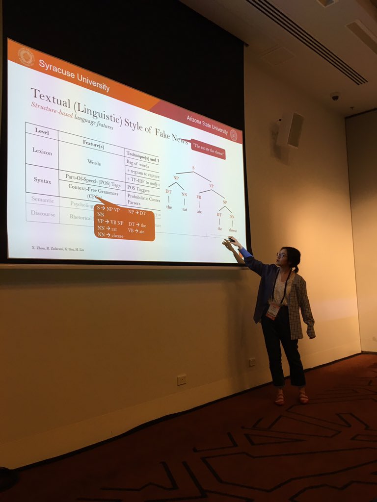rzafarani's tweet photo. Xinyi is doing a great job presenting our tutorial on fake news with @liuhuan on fake news at WSDM 2019 #wsdm2019 #wsdm @SUDataLab want to know more? see here: https://t.co/jvF0go7NCr https://t.co/VazYh68FB0