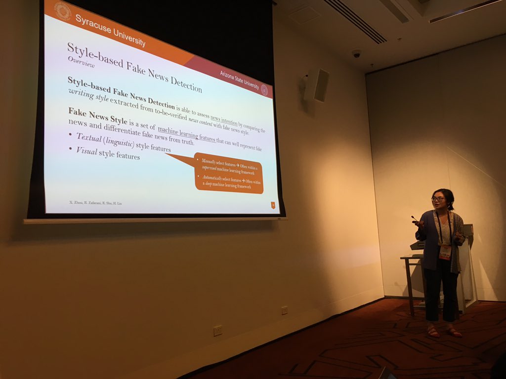 rzafarani's tweet photo. Xinyi is doing a great job presenting our tutorial on fake news with @liuhuan on fake news at WSDM 2019 #wsdm2019 #wsdm @SUDataLab want to know more? see here: https://t.co/jvF0go7NCr https://t.co/VazYh68FB0