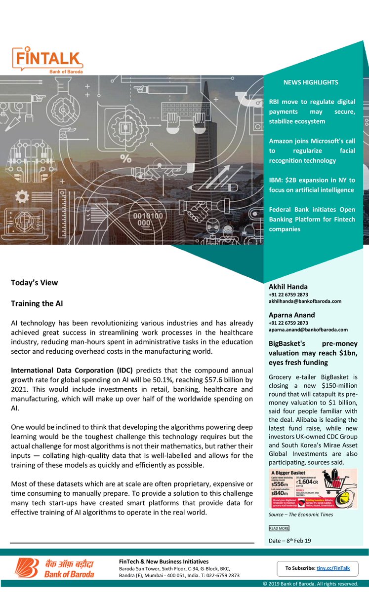 bankofbaroda's tweet photo. Read more about 'Training the AI', in today's 'Fintalk', our daily Fintech newsletter!

Subscribe here to get more such #Fintech updates: https://t.co/Pvs1VPpem8  

#InternationalDataCorporation  #DefinedCrowd  #MightyAI  #AI.Reverie https://t.co/bmUnSGMGhD