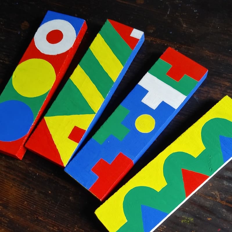 ヤマサキサチコ Art アート Painting Design デザイン 柄合わせ カラフル Colorful 端材アート 端材 まるさんかくしかく 幾何学模様 幾何学 模様 柄 図柄 Artwork がらあわせのいた と名付けてみた T Co Butcawgeji