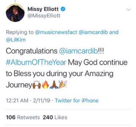 Fellow female rappers Iggy Azalea, Missy Elliott, Remy Ma & Lil Kim congratulating Cardi on her  #Grammys win!
