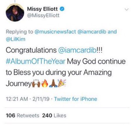 Fellow female rappers Iggy Azalea, Missy Elliott, Remy Ma & Lil Kim congratulating Cardi on her   #Grammys win!
