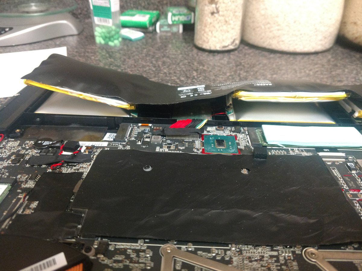 HawkShark's tweet photo. Hey @Razer and @RazerSupport what's up with the ion battery's on my Razer blade Pro expanding like this? This laptop is only a year old... I have much older laptops that aren't a fire hazard. I think I smell ozone. https://t.co/IBDrIqTuM6