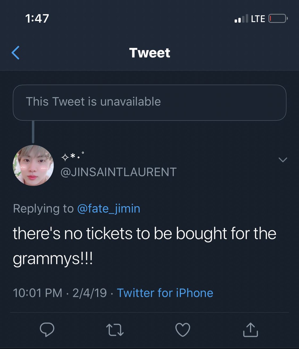 Cuitan masternim @fate_jimin soal tiket Grammy Awards telah dihapus.