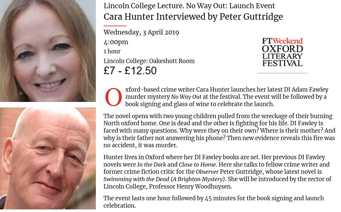 CaraHunterBooks's tweet image. I'm holding the launch event for No Way Out at the @oxfordlitfest and you're all invited!  Come and see me talking to @peterguttridge at Lincoln College on April 3rd, get your copy signed, and join us for a drink afterwards! 

oxfordliteraryfestival.org/literature-eve…