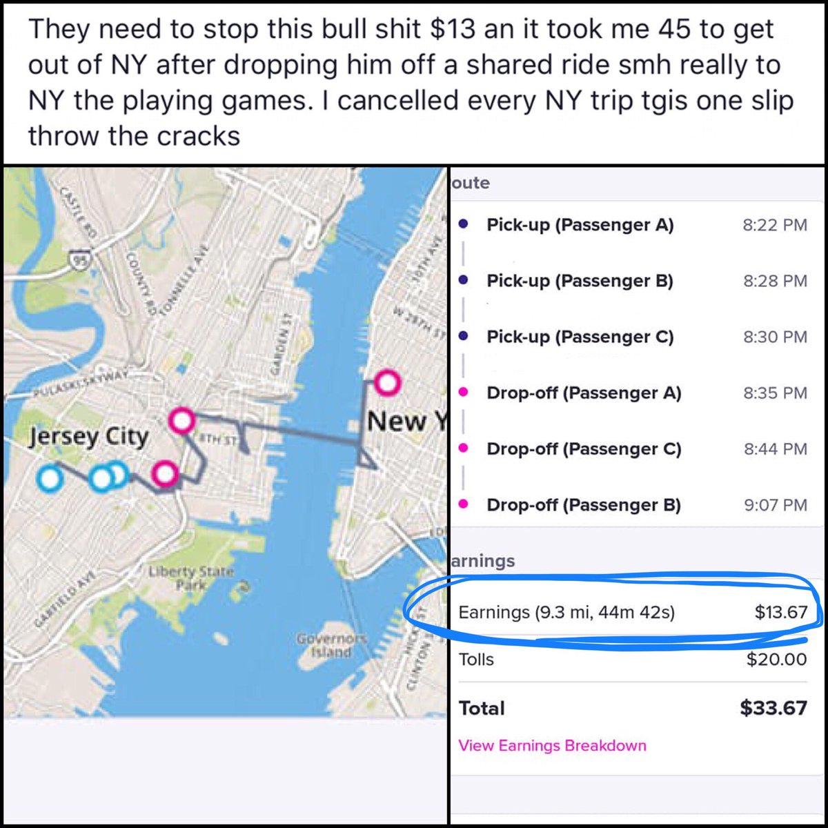 outrideshare's tweet image. #Rideshare companies need to charge pax a fee when getting dropped off in a different state the driver can’t legally do pickups in. This #Lyft driver got paid $13.67 for 45 minutes &amp;amp; ended up in a state they can’t do pickups in for a ride back. Double the work for half the pay.