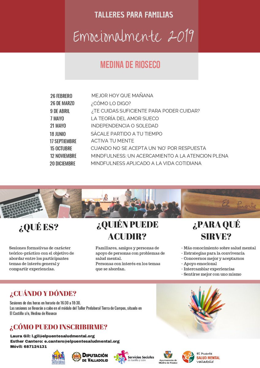 Talleres destinados a familias, amigos y personas con problemas de salud mental, así como para aquellas personas interesadas en los temas. <a href="/DiputacionVa/">DiputacionValladolid</a> <a href="/AytoRioseco/">Medina de Rioseco</a> <a href="/tierra_campos/">T.P Tierra de Campos</a> #MedinadeRioseco