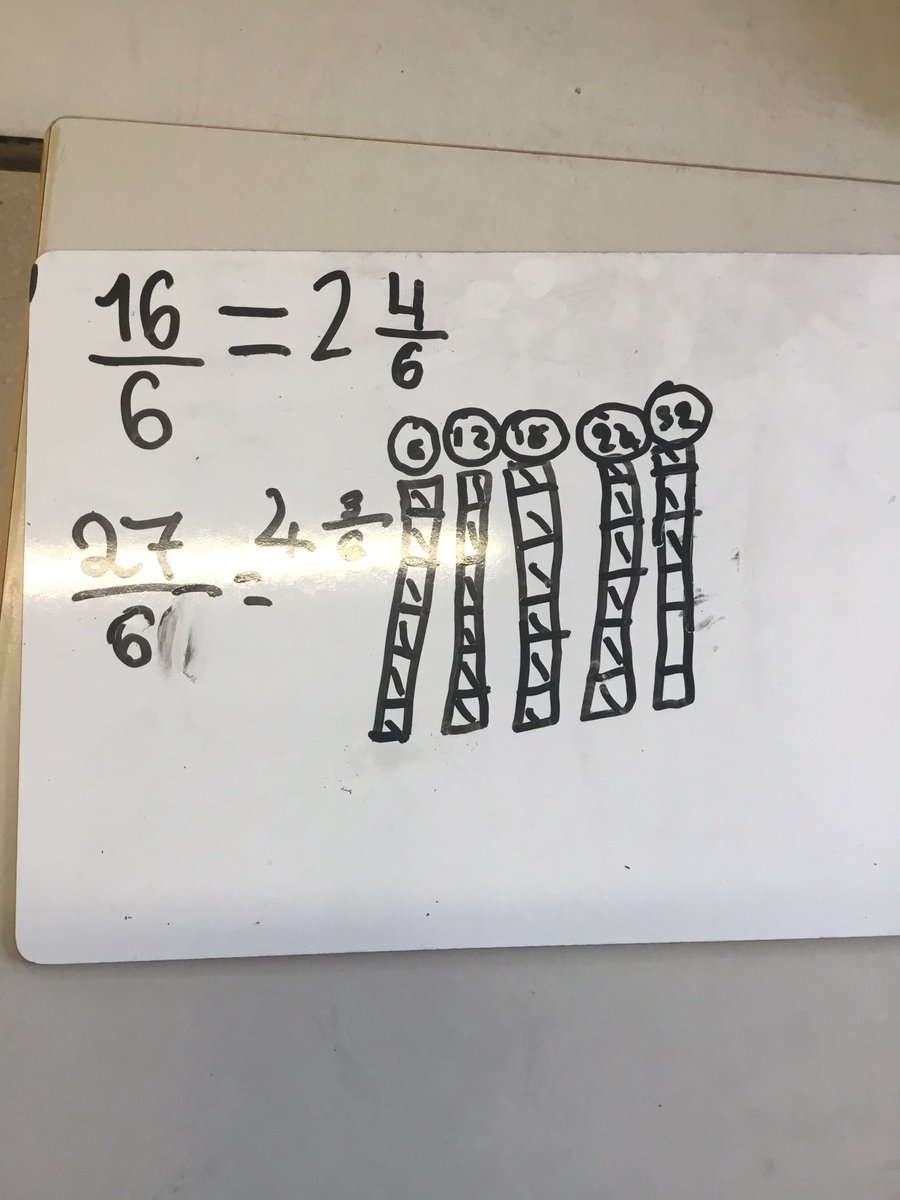 Learning to turn improper fractions into mixed numbers with cubes and bar models. Practical maths helps make it clearer. #Y5DRAGONS #mathsisfun @BSB_Barcelona