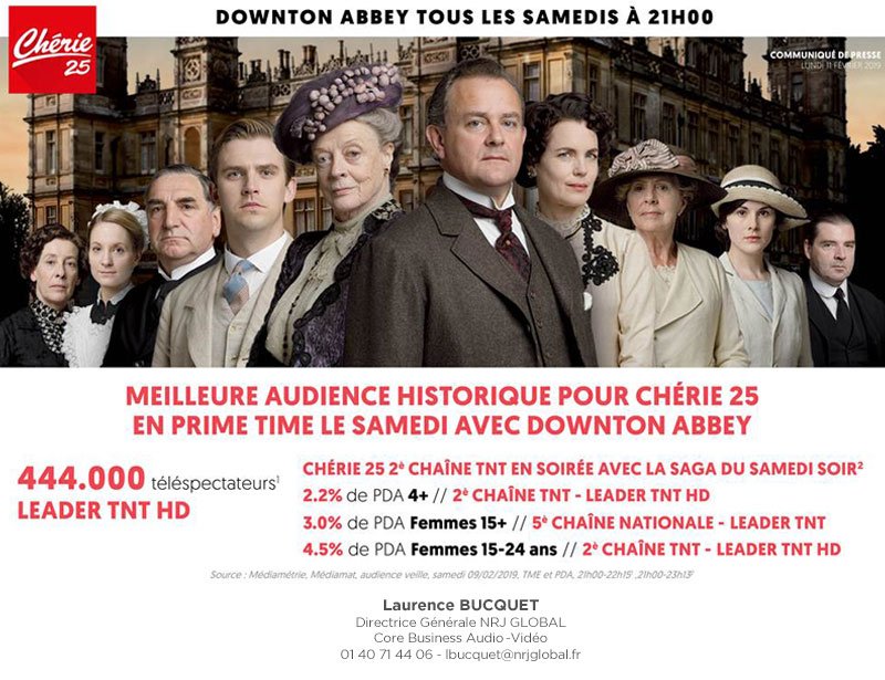 NrjGlobal's tweet photo. .@Cherie25tv Meilleure audience historique en Prime Time le samedi avec #downtonabbey #Audiences https://t.co/lU4J4lcups