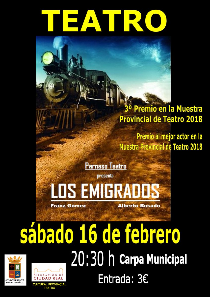 🔜Parnaso Teatro representará "Los emigrados", donde actúan los pedroteños Alberto Rosado y Franz Gómez, y que cuenta con premios en la Muestra Provincial de Teatro, uno de ellos al mejor actor (Franz Gómez).👏

⏳ El 16-02 Carpa Municipal↔️ 
bit.ly/2Bv50Gu