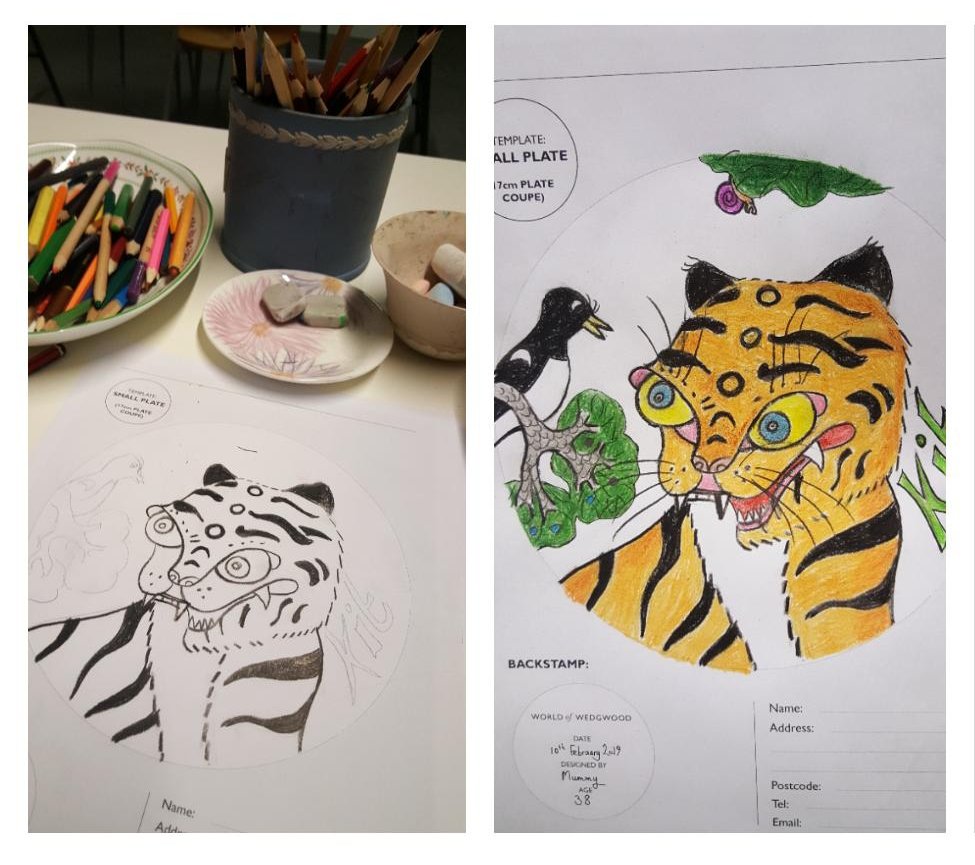 BeckyDraw5's tweet image. We went to Wedgewood and I drew a derpy Korean tiger on a plate.