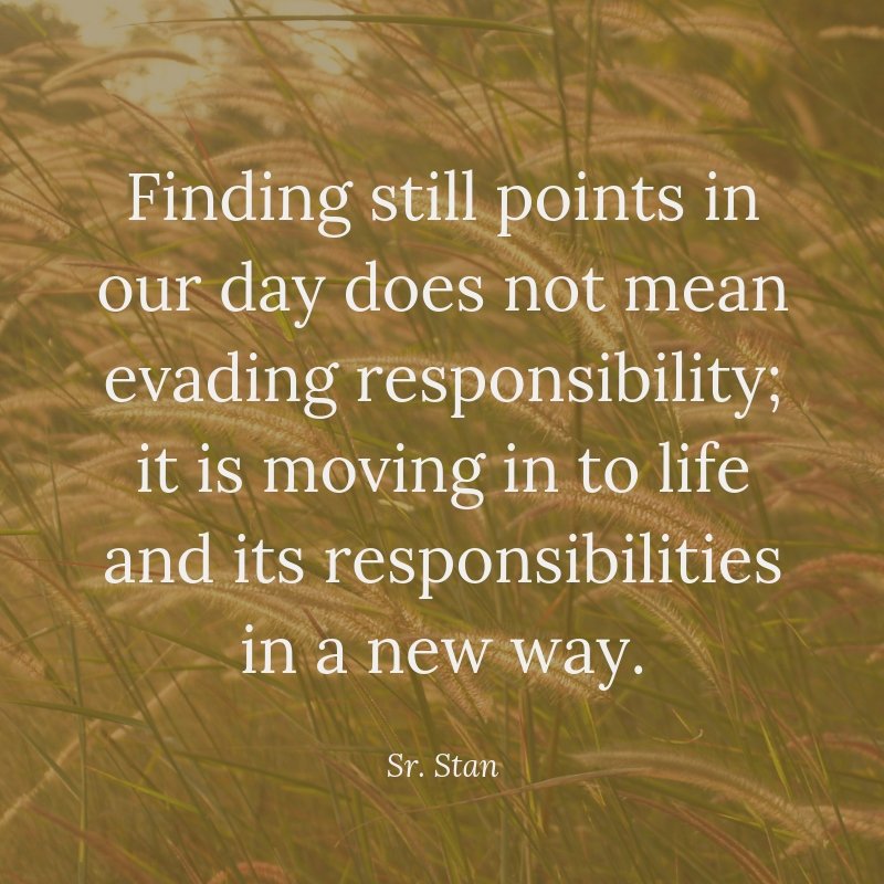 srstansquotes's tweet image. Finding stillpoints in our day does not mean evading responsibility; it is moving in to life and its responsibilities in a new way ~ Sr Stan #stillpoints #mindfulness #mondaymotivation