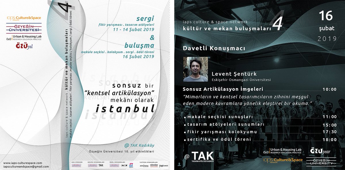 4. Kültür ve Mekan Buluşmaları'nın son etkinlikleri olan atölye ve yarışma ürünlerinin sergisi 11-14 Şubat günleri arasında, tüm etkinlik sunumları, ödül töreni ve paylaşımlarının yer aldığı Buluşma etkinliği ise 16 Şubat'ta TAK Kadıköy'de #IAPSCS >> bit.ly/2RaJNqi