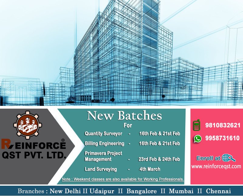 reinforce_qstpl's tweet photo. #REINFORCE_QST_Institute -- The Leading Best Training Institute For Civil Engineers in INDIA.
� https://t.co/A89Ikkkwb3
� New Batches of #Quantity_Surveying , #Billing_Engineering #Tender #Contract #Procurement_Management #Land_Surveying. #date_16thFeb_21stFeb_23rdFeb_24thFeb https://t.co/61WX31IFUz