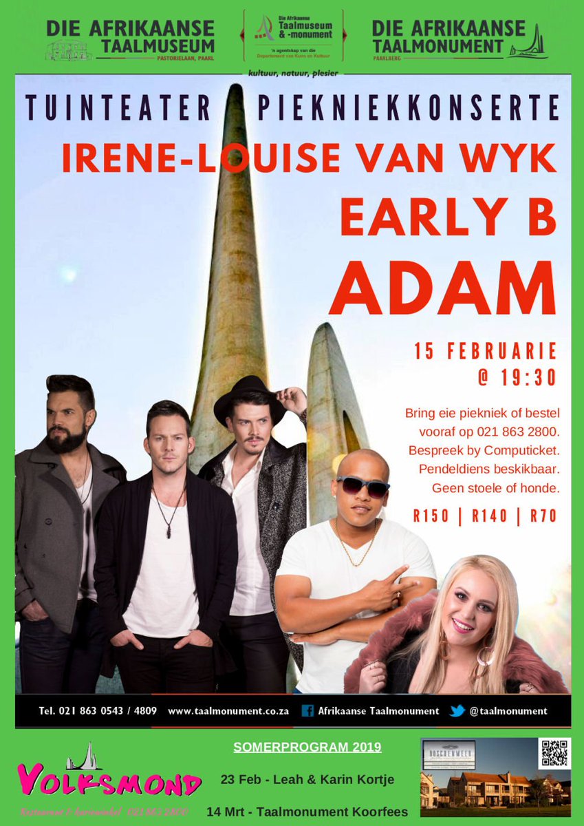 ❗️ Verandering van datum / Change of date❗️

Piekniekkonsert / Picnic Concert: <a href="/adamgroep/">ADAM</a> , <a href="/EarlyB_Music/">Early B Music</a> &amp; <a href="/Irene_Louise/">Irene-Louise Van Wyk</a>  💃🕺

15 Feb 2019 | 19:30 | <a href="/taalmonument/">Afrikaanse Taalmonument & Taalmuseum @ Paarl</a> Tuinteater
R150 | R140 | R70 <a href="/Computicket/">Computicket</a> 

<a href="/picnicandbraai/">PicnicCapeTown</a> <a href="/visitpaarl/">Visit Paarl</a> <a href="/PaarlApp/">PaarlApp</a> <a href="/PaarlSAfrica/">Paarl South Africa</a>