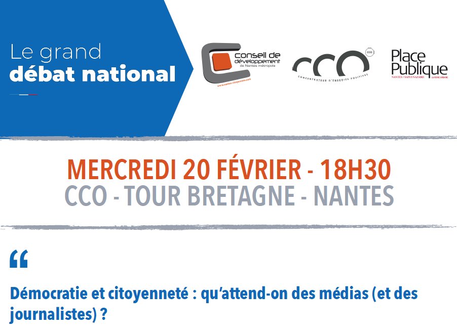 Qu'attend-on des médias ? Le <a href="/c2dnantes/">Conseil de développement de Nantes Métropole</a> la <a href="/revPlacepubliqu/">Revue Place publique</a> et le <a href="/cco_nantes/">CCO Nantes</a> s'associent pour une rencontre dans le cadre du #GrandDebatNational Places limitées (sur incription) bit.ly/2I6F8GR