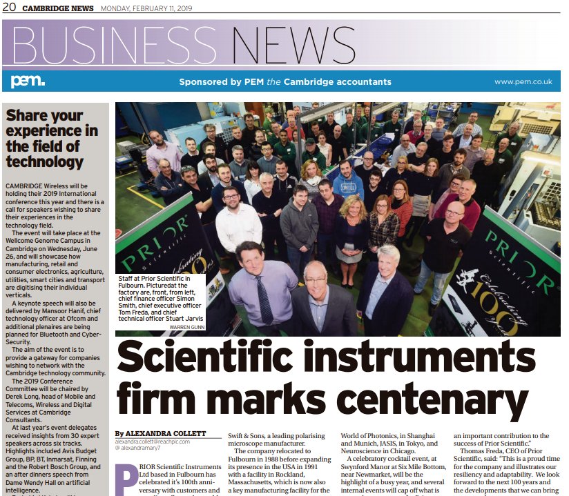 Prior Scientific Instruments Ltd have celebrated their 100th anniversary, check out the full article in today's business supplement.