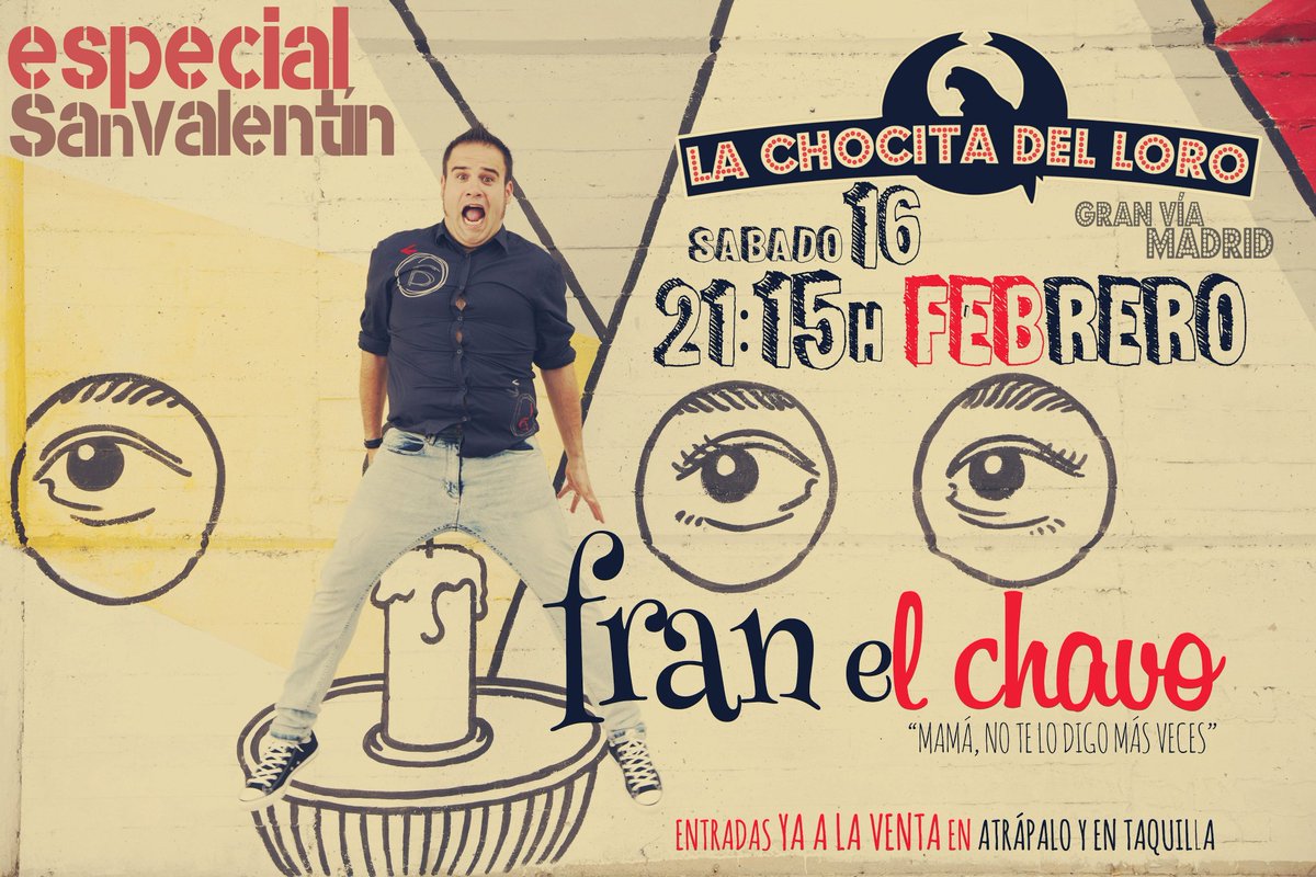 FRANELCHAVO's tweet photo. Sorteo #sanvalentin
@chocitadelloro 
Entradas dobles!!! Para sábado 16feb 21:15h
Rt y Fw
Ganadores el jueves 14!!
Dale! https://t.co/jg1FaajmDk