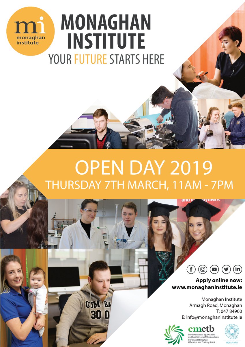 Come to @MonaghanInst Open Day to find out about studying at one of Ireland’s leading FE colleges. We offer #PreUniversity, #Traineeship, #Apprenticeship and #Degree courses. @northernsound @NewsonNS @MonaghanLEO @MonaghanCoCo 
@CavMonETB @CavMonETBFET