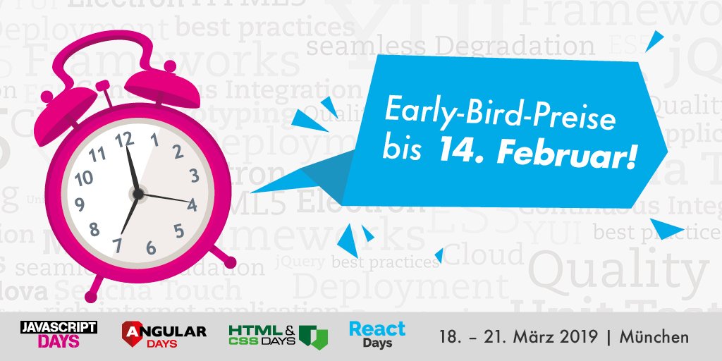 JS_Days's tweet photo. ⏰ Nur noch bis Donnerstag spart ihr mit dem Early Bird bis zu 100 €! Ab Anmeldung von 3 oder mehr Kollegen gibt's sogar 100 € extra Rabatt. Jetzt Ticket buchen und 4 Events besuchen >> https://t.co/4S7qQpcSSk << #JSDays #AngularDays #ReactDays #HTMLCSSDays https://t.co/Ud2SRSkX1X