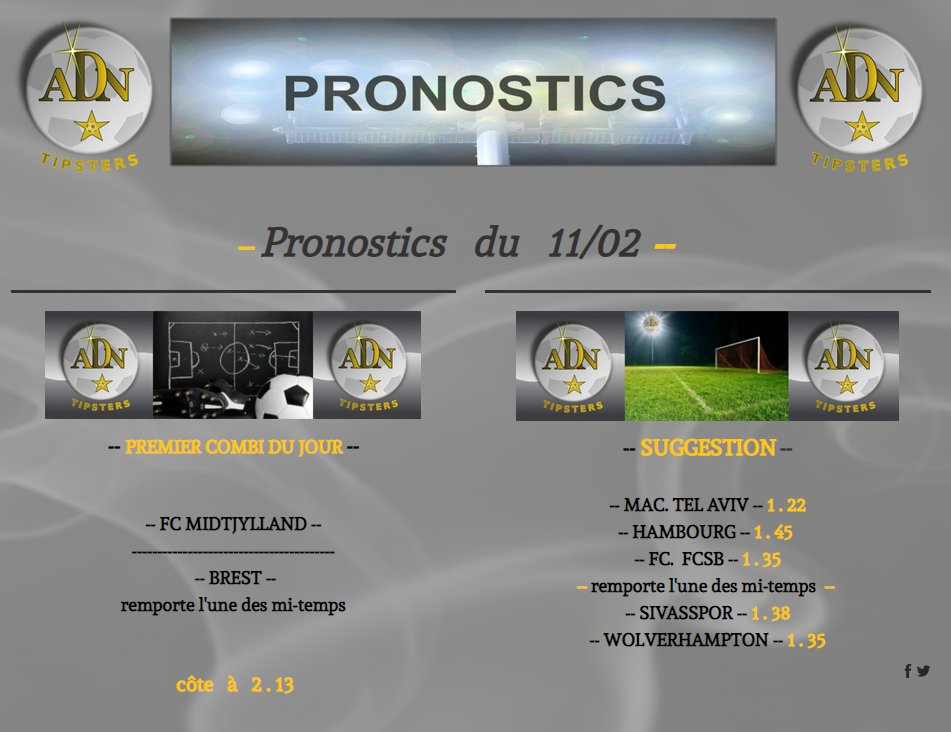 ADNtipsters's tweet photo. Une #Methode des #Gains 📈💰
-
Les #Pronos du 11/02 sont dispo !
-
RdV sur le site ⚽️ https://t.co/2RZWwoJYY8  ⚽️
-
Bon #Match 🍀
-
@ADNtipsters #Pronostics #football #gratuit -
-
#TeamParieur #ParisSportifs #ParionsSport #bettingtips #FDJ #pronostiqueur #parieur #unibet https://t.co/dwt0nvMAvE
