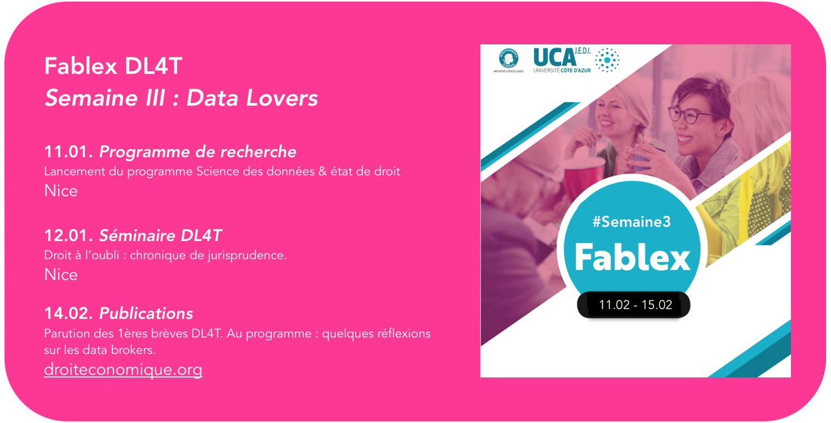 DL4Torg's tweet image. AGENDA #FABLEX - Semaine DATA LOVERS! Avec un programme Fablex dédié à la gouvernance des données. Le programme👇.
Privacyment vôtre, 
#Data #Databrokers #droitàloubli #RGPD #CloudAct