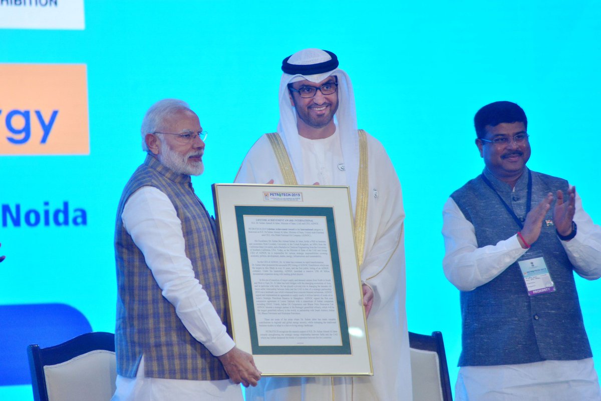 Petrotech2019's tweet image. Hon. PM @narendramodi bestows the “International Lifetime Achievement Award” to Sultan Al Jaber, group CEO of @AdnocGroup  for his outstanding contribution to the global #energy industry at @Petrotech2019 @ONGC_
 @fipiind #Petrotech2019 #Petrotech 
#ConfluenceOfEnergy