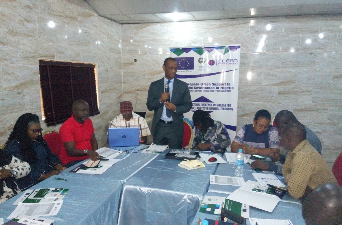 cleenfoundation's tweet photo. Our ED @benolugbuo addressing state coordinators that will be deployed by CLEEN for  #NigeriaDecides2019 #Elections2019 observation @EU_SDGN @SituationRoomNg @inecnigeria @USEmbassyAbuja @OkugbeniRuth @ChigozirimOdink @PoliceNG https://t.co/v8pOyZlSks