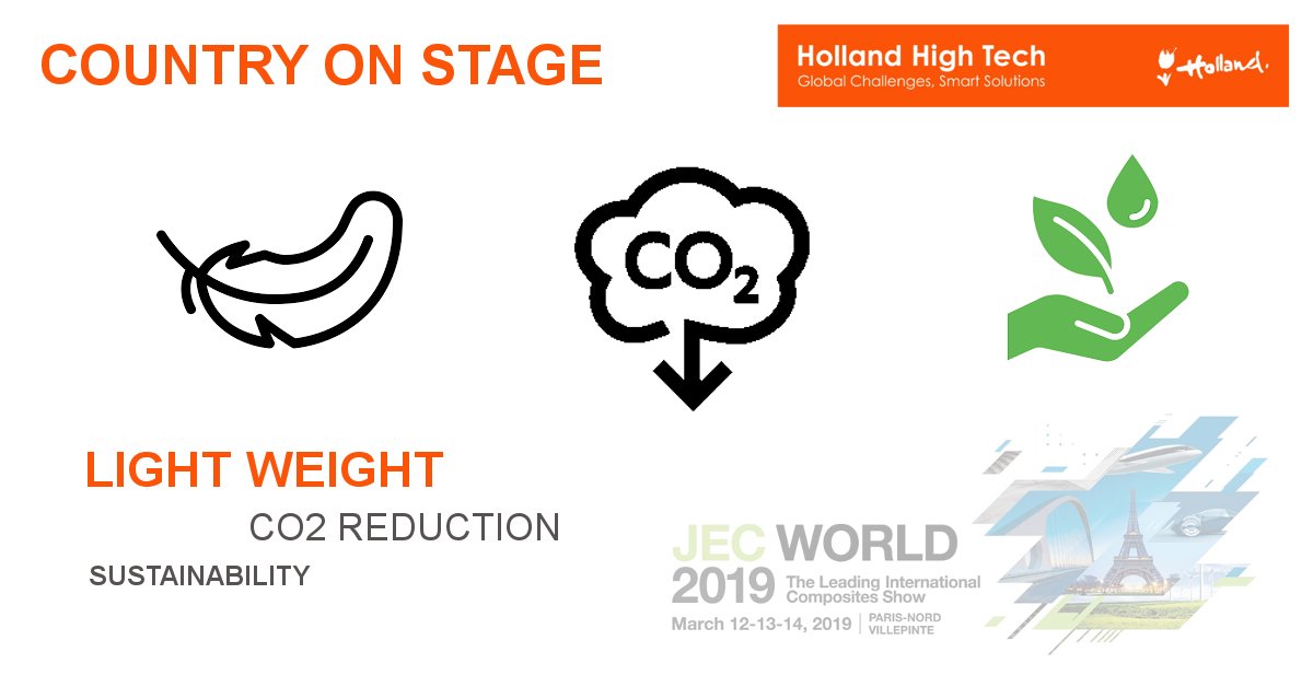 Composites = light weight 🍃= CO2 reduction 🌱 ➡️ A societal challenge to which composite materials contribute to. Sustainability is key for the Netherlands 🇳🇱 Learn more at our Country on Stage program 📅March 13 🕚11.00 - 12.30 📍AGORA stage, Hall 5, F99 <a href="/JECComposites/">JEC Group</a> #JEC