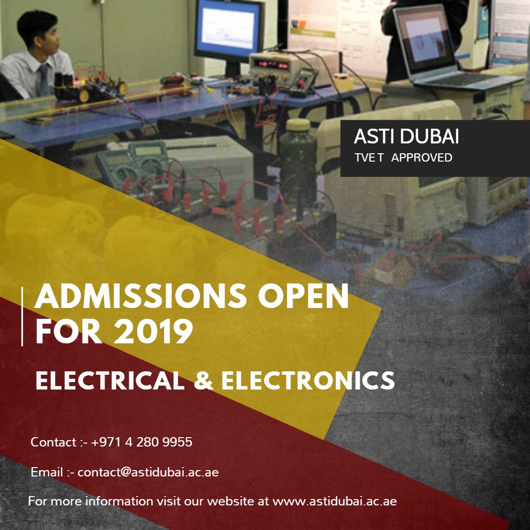 astidxb's tweet photo. #Electronics_Engineering_Course including program details, eligibility, fee structure and scholarships contact: https://t.co/jDVYX3jwfv
Call: (971) 4 280 9955
Email: contact@astidubai.ac.ae https://t.co/XRBtq8xwOd