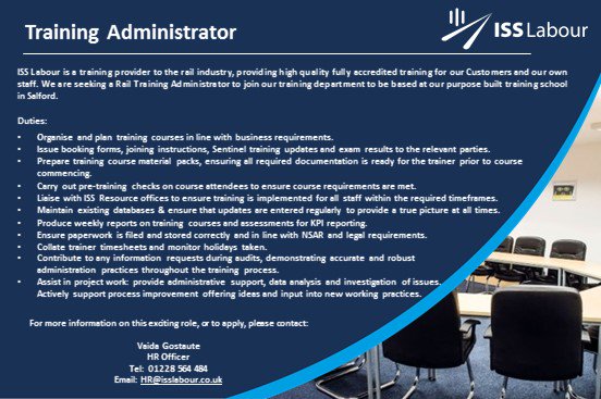 ***Training Administrator Required*** For more information, please visit  isslabour.co.uk/job/salford-25… or to apply, please contact Vaida Gostaute on 01228 564 484, or at HR@isslabour.co.uk