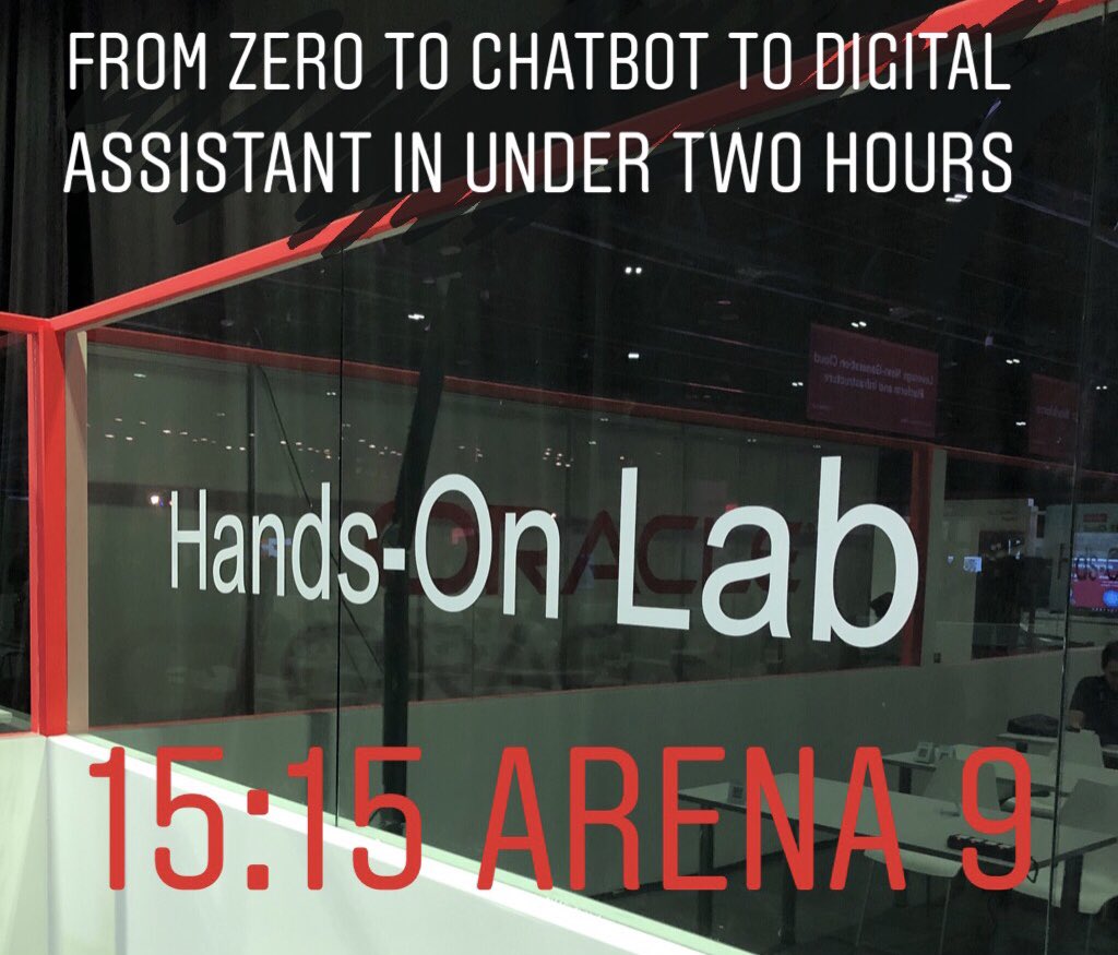ConnectedMJ's tweet image. Hey #OOWDXB, have you brought your laptop? We can take you from chatbot zero to chatbot hero in less than 2hrs. 15:15 Arena 9 #OracleDigitalAssistant