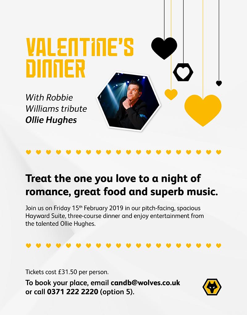 Only 20 spaces left for our Valentine's Dinner on Friday 15th February at Molineux. Treat the one you love to a night of romance, great food and superb music goo.gl/n1irct