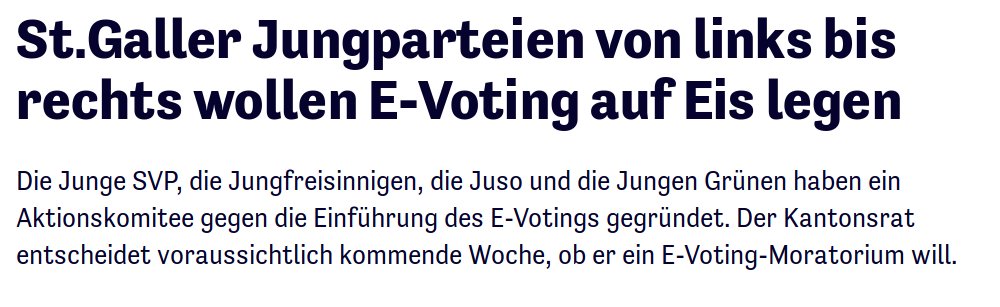 E-Voting/St. Gallen - ein Aktionskomitee der Jungparteien von links bis rechts wollen im <a href="/kantonsg/">Kanton St.Gallen</a> E-Voting stoppen helfen: der Showdown zum Moratorium im Kantonsparlament findet nächste Woche statt.
tagblatt.ch/ostschweiz/stg…
/<a href="/tagblatt_ch/">Tagblatt.ch</a> #EVoting #parlCH #CHvote #DearDemocracy
