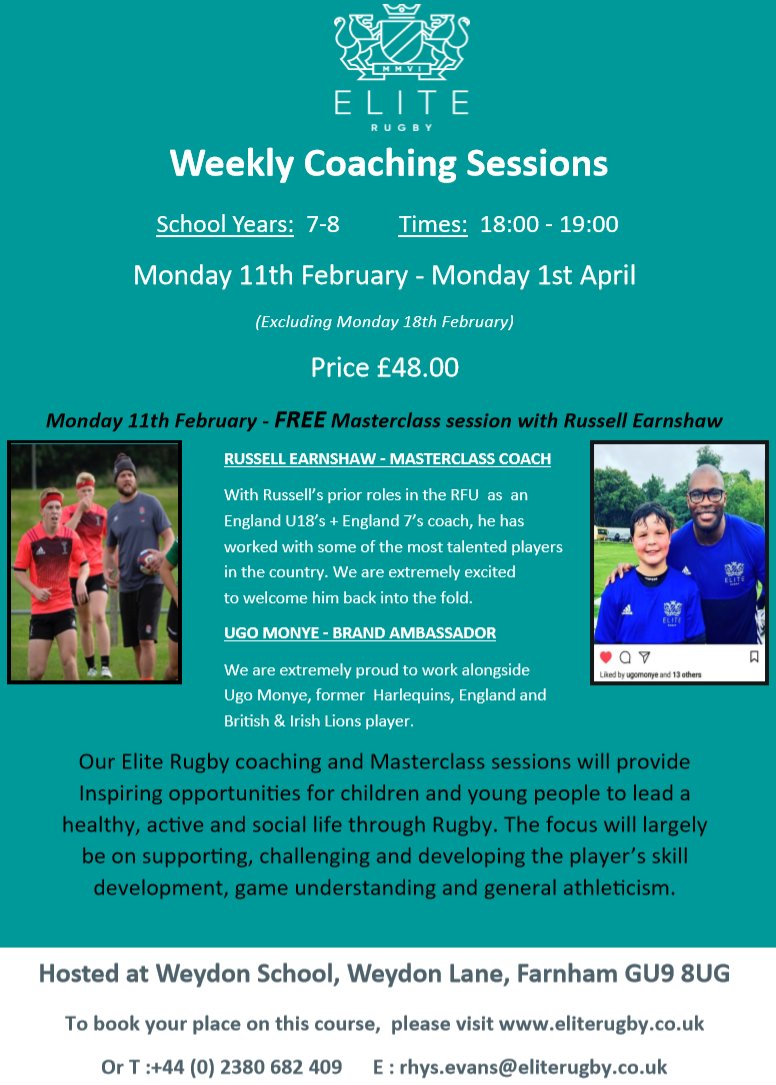 If you are in or around the Farnham area today pop down to @SchoolWeydon at 6pm for a FREE Rugby Masterclass session with @russellearnshaw!

#eliterugbyuk #masterclass #6nations #maximisepotential #socialengagment

eliterugby.uk