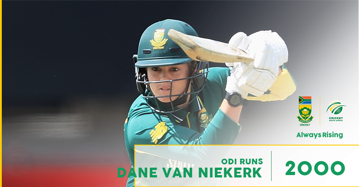 #MilestoneAlert 
#ProteasWomen captain #DaneVanNiekerk has become only the 4th woman to reach 2000+  runs &amp; take 100+ wickets in ODIs. She is behind only Lisa Sthalekar (AUS), Stefanie Taylor (WI) &amp; Ellyse Perry (AUS). You beauty! #AlwaysRising #LeadingFromTheFront #SAvSL