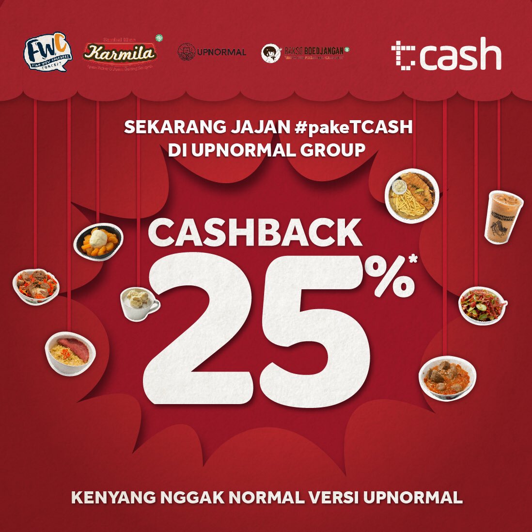 linkaja's tweet image. Daripada nggak ada yang ingetin, mimin aja deh yang ingetin. Setelah beraktivitas seharian, jangan lupa ya buddies buat makan malam. Mau ngemil atau makan berat, ke Upnormal aja yuk! Dapatkan CASHBACK 25% untuk setiap transaksi #pakeTCASH!