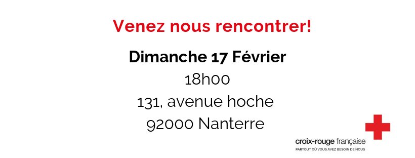 Vous souhaitez devenir #bénévole ? Vous avez des questions concernant la  <a href="/CroixRouge/">Croix-Rouge fr</a> dans votre <a href="/VilleNanterre/">Nanterre</a> ? Venez nous voir le Dimanche 17 Février à 18h00, nous organisons une réunion pour les futurs bénévoles (peut être vous ! 😇).