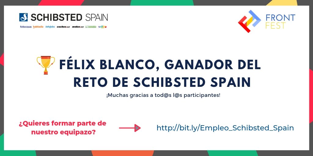 AdevintaSpain's tweet photo. ¿Sabes quién ha ganado el reto que planteamos en el @frontfest?
@fexblanco se ha llevado el premio del reto tech de Schibsted 🏆 ¡Mil millones de gracias a tod@s! Si quieres formar parte de nuestro equipo, échale un ojo a las ofertas 👉 https://t.co/CtaDccuIbY https://t.co/jqfSSnjEwD