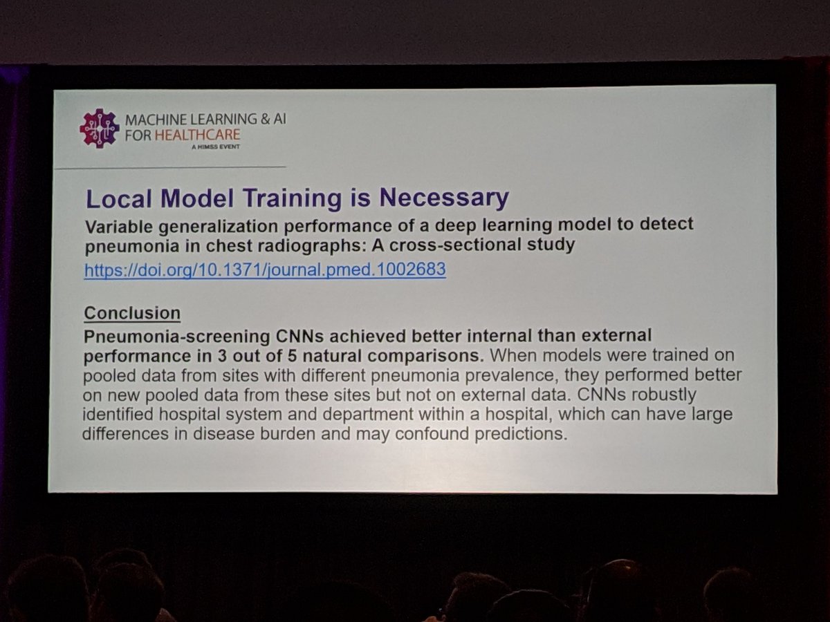 BenPanter's tweet photo. Interesting finding reported by @pureesteban at #HIMSS19: algorithm able to accurately determine location of study acquisition, concludes performance depends on local training. I'm not sure whether that link produces measurable impact on performance, but worth further research https://t.co/SEsOJ8FUEn