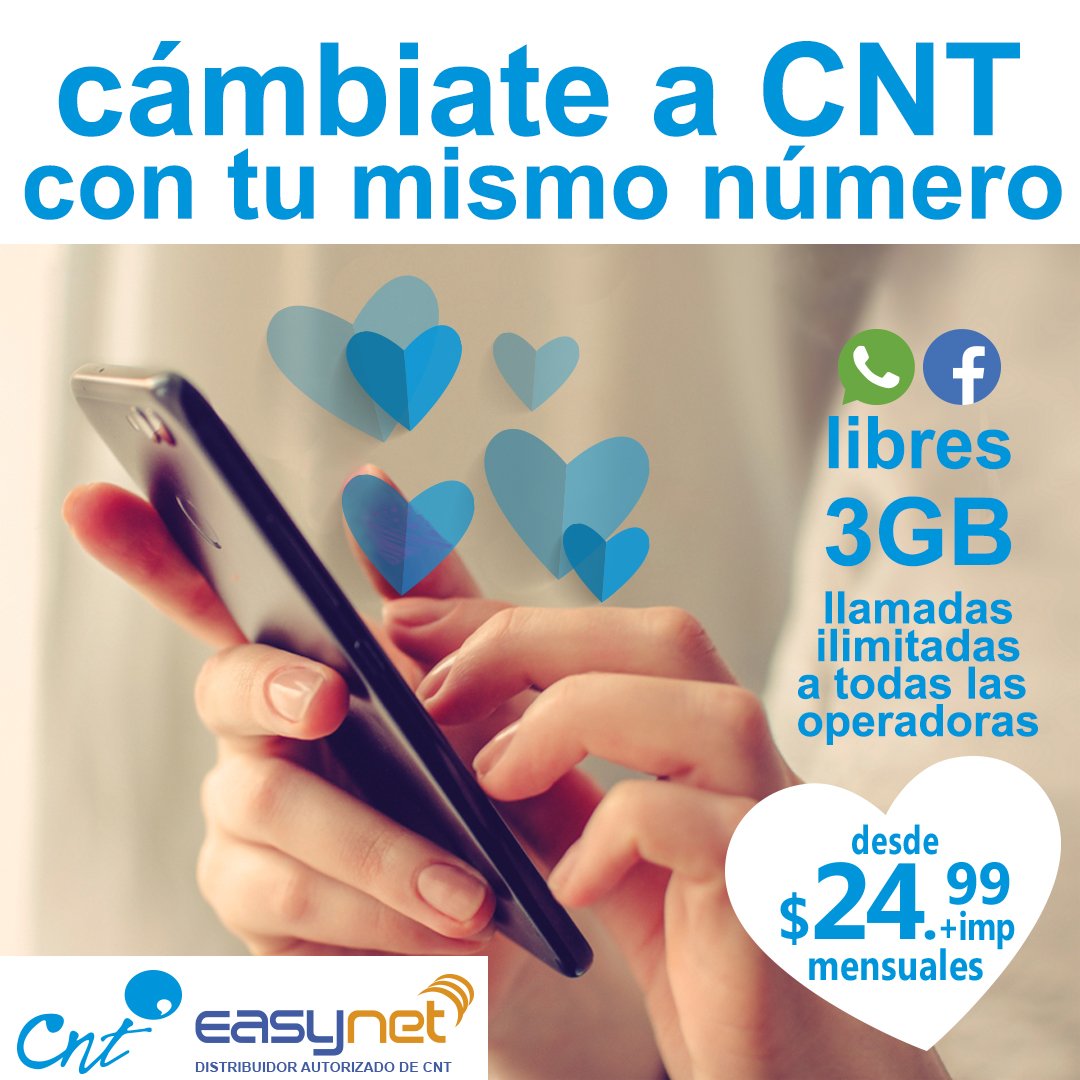 EasynetEc's tweet photo. Cámbiate a CNT
con tu mismo número 😎
Disfruta de
WHATSAPP y FACEBOOK LIBREE😍😍
3 GB de navegación 
Llamadas ilimitadas a todas las operadoras 📲😍
Por $24.99 +imp

Más información al 
1 800 327963 https://t.co/Me5OVAEbIJ