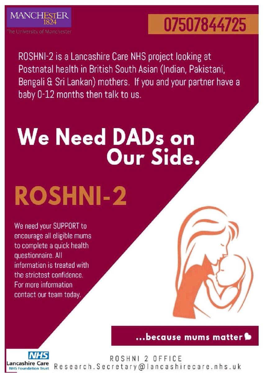 Dads can help to! Support the work. 
ROSHNI2- Postnatal emotional health in British South Asian mums. @Congy99 @F_lunat @ROSHNI2_ @mariya246x @Naeem_Mohmed_ @AfsanaTutla @AIVIXR @LancashireCare @VisitorsUoM @bangor_street @CHAI_Project @womenforwomenUK #mumsmatter @CllrLubna